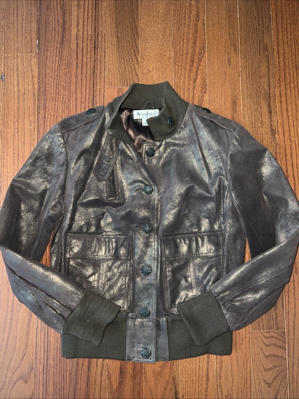 Preston And York Womens Leather Metallic Bomber Jacket Lined Sz Med Brown/Gold